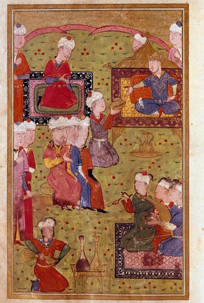イスラム美術：スルタンの前で音楽家と一緒に行われる宴席。16世紀の写本のミニチュア ベニス・ビブリオテカ・マルチャーナ 作： Unknown artist