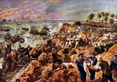 イタリア・トルコ戦争（イタロ・トゥルカ）（1911-1912）：10月11日、イタリア軍の撤退とベンガジ（リビア、ベンガシ）の戦い 作： Unknown Artist