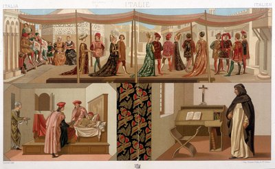 15世紀のイタリアのコスチューム。A.ラシーネの「歴史的衣装」では 作： Unknown artist