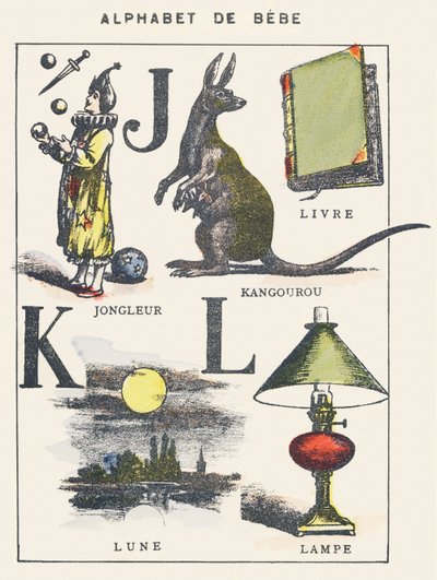 JKL：ジャグラー、カンガルー、本、月、ランプ 作： Unknown artist