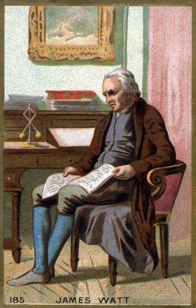ジェームズ・ワット（1736 -1819）のオフィスにて。19世紀のカラーリトグラフ。 作： Unknown artist