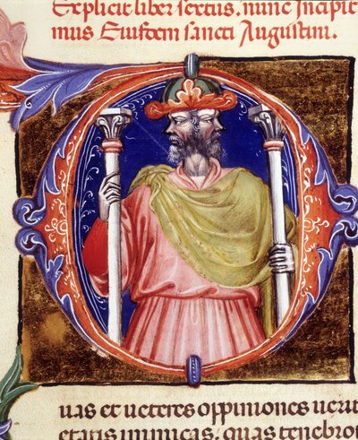ヤヌス（ローマ神話の神）、2つの反対側の顔 - 15世紀初頭、聖アウグスティヌスの「De civitate dei」の手稿より。リミニの市立図書館。 作： Unknown artist