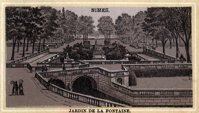 ニーム（ガール、ラングドック＝ルシヨン）のフォンテーヌ庭園（Jardin de la Fontaine）。19世紀末のクロモリトグラフ。 作： Unknown artist