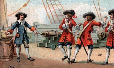 Jean Bart (1650-1702), French naval commander and privateer, threatening to blow up his ship - privateer Jean Bart (1650-1702) は、捕虜となったイギリスの私掠船に対して、火薬の樽に火をつけて船を爆破すると脅した。 作： Unknown artist