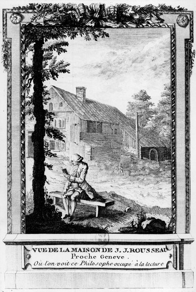 ジャン・ジャック・ルソー（1712-1778）：フランス語圏のジュネーヴ出身の作家・哲学者、彼の家（ジュネーヴ近郊）からの眺め。 作： Unknown artist