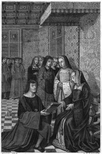 フランスのアンヌ王妃に詩集を献上する詩人ジャン・マロ（1463-1526）。19世紀のエングレーヴィング。 作： Unknown artist