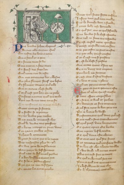ジャン・ド・メンが彼の詩 (f. 28 から始まる) の冒頭の言葉を書いている、Roman de la Rose で 作： Unknown artist