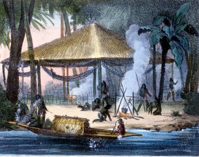 エクアドルのジバロス・インディアン。1846-48年のエングレーヴィング。 作： Unknown artist