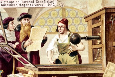 Johannes Gensfleisch Gutenberg (1400-1468). 1440年頃。19世紀のクロモリトグラフ。 作： Unknown artist