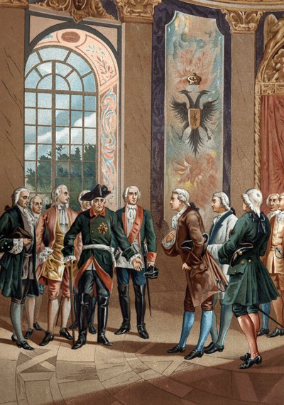 ベルリンでプロイセン王フリードリヒ2世（1712-1786）に謁見したジョン・ル・ロンド・ダランベール（1717-1783）。1881年のバルセロナ。 作： Unknown artist