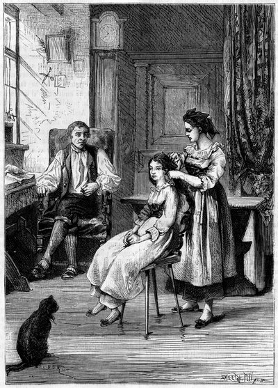 フランスの発明家ジョスエ・ハイルマン（1796-1848）は、娘たちが髪を梳く様子を観察している。彼はこの場面で、1843年に機械式コームを作ることを誓った。"La Nature: revue des sciences et de ses applications aux arts et a l