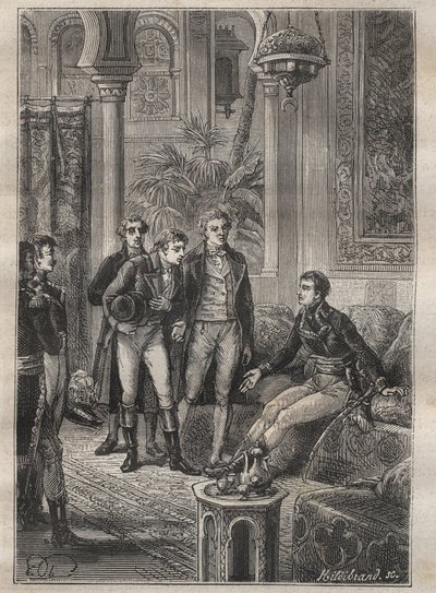 フレデリック・コンラッド（コンラッド）・ホルネマン（1772-1801）によるフェザン（リビア）への旅（1798年）：カイロ（エジプト）でボナパルトに歓迎されるホルネマン - "The Great Mariners of 18 century "より引用 作： Unknown artist