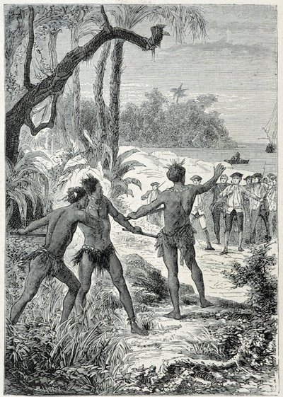 キャプテン・ジェームズ・クック（1728-1779）のニューギニアへの旅：原住民との最初の出会い、イラストは "The Great Mariners of the 18th century "より引用 作： Unknown artist