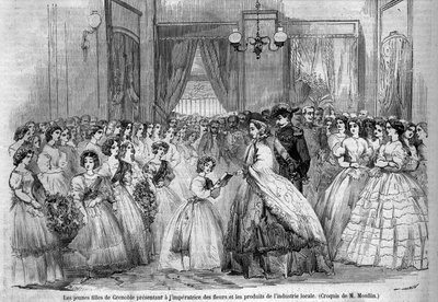 皇帝ナポレオン3世（1808-1873）とその妻ウジェニー・ド・モンティージョ（1826-1920）が、サヴォイ伯爵の併合（3月のトリノ条約）に伴い、サヴォイ公爵のもとへ向かう旅：ここでは、グルノーブルを訪れた皇室の夫妻が、プレゼンに来た若い女性たちと出会う。 作： Unknown artist