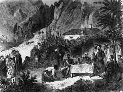 フランス皇帝ナポレオン3世のアルジェリアへの旅。1860年9月。バルカを受ける猿の小川でのナポレオン3世の昼食。1865年のエングレーヴィング。 作： Unknown artist