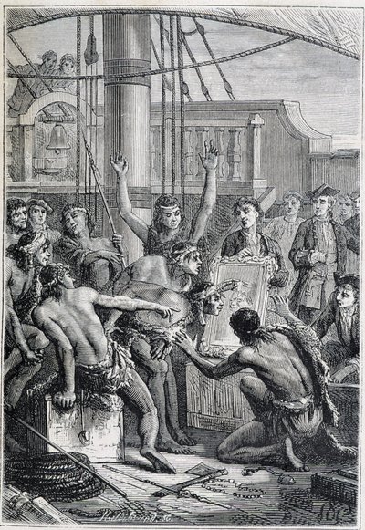 サミュエル・ウォリス（1728-1795）のポリネシアへの旅：鏡による土着のエトネ - "The Great Mariners of 18th century "から引用したイラスト 作： Unknown artist