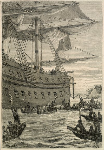 サミュエル・ウォリス（1728-1795）のポリネシアへの旅：バナナの枝を手にして歓迎の挨拶をする先住民 - "The Great Mariners of 18th century "からの挿絵 作： Unknown artist