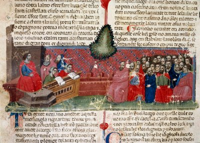 トローンに乗ったジュール・シーザー（紀元前101～44年） 「ローマ人の事実」（Ms1538）の原稿ページの詳細 1340年頃 フィレンツェ、Biblioteca Riccardiana 作： Unknown artist