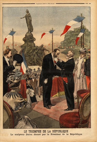 彫刻家のジュール・ダリュー（1838-1902）は、パリの国民広場に設置された「共和国の勝利」像の落成式で、共和国大統領エミール・ルベ（1838-1929）から名誉軍団の勲章を授与されました。のエングレーヴィング 作： Unknown artist