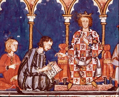 賢者アルフォンソ10世が書記を補佐する姿。賢者アルフォンソ10世（1221-1284）のゲームの書からの細密画の詳細「チェスの書、デス・エ・テーブル」（El libro de ajedrez, dados e tablas）。1282.サン・ロレンソ・デ・エル・エスコリアルの王立図書館。 作： Unknown artist