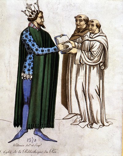 アーサー王と二人の僧侶 - A.D.1370年の「Lancelot du lac」からの抜粋。 作： Unknown artist