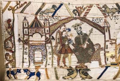 エドワード懺悔王がハロルドをノルマンディーに送る、バイユータペストリー（リネンにウール刺繍 作： Unknown artist