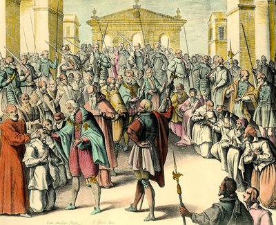 国王アンリ4世（1553-1610）が病人の額に触れる。"王はトーマトゥルージュであり、この式を発音することでエクリュエルを癒す力を持っているのだ。アンリ4世の主治医、アンドレ・デュ・ローランス（1558-1609）による草稿からのエングレーヴィング 作： Unknown artist