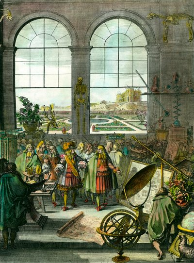 国王ルイ14世(1638-1715)が訪れ、背景には建設中のパリ天文台がある。様々な科学機器、球体、骸骨、地図、天体望遠鏡、地球儀、動物の剥製などが展示されています。Natur」の表紙 作： Unknown artist