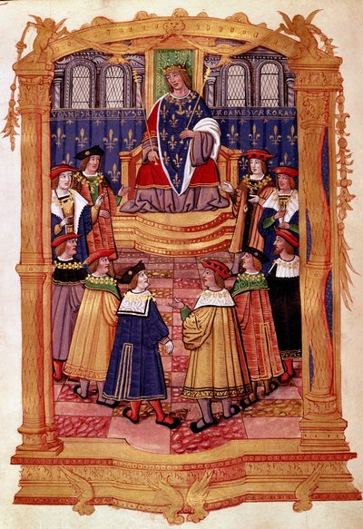 国王ルイ11世（1423-1483）と聖ミカエル騎士団 15世紀 ミラノ、Biblioteca Trivulziana所蔵の写本「聖ミカエル騎士団規約」のミニチュア 作： Unknown artist