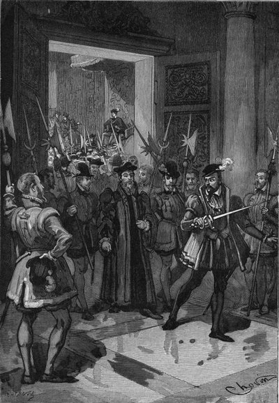 中央のフランス王アンリ2世（1519-1559）は、顧問団を取り押さえるようにコネチカットに命じている。19世紀のエングレーヴィング。ジュール・ミシュレ著「フランス史」より 作： Unknown artist