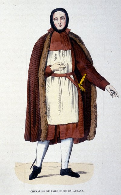 カラトラバ騎士団の騎士。1145年と1158年にスペインのカラトラバの街をカスティーリャ人から守った修道士と騎士のグループ。この騎士団は、1523年に国王をグランドマスターとしてスペインの王室に付属した。19世紀のエングレーヴィング 作： Unknown artist