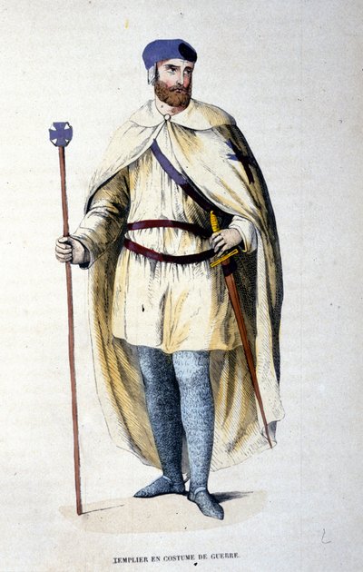 戦争衣装を着たテンプル騎士団の騎士。19世紀のエングレーヴィング。 作： Unknown artist