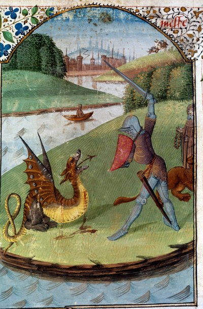 円卓の騎士たち"Lancelot fights with the dragon" 手稿ミニチュア "The novel of Lancelot du Lac" 作： Unknown artist
