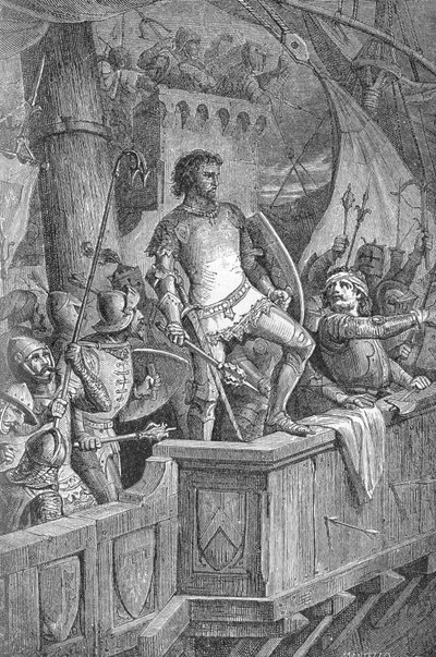クヌート大帝（カヌート1世）（994年または995年～1035年） - ノルウェーのオラフ2世（Olaf II of Norway）の攻撃を受けたロンドン橋上のクヌート大帝の部下たち - リチャード・ロスの「Kaiser, Konig une Papst」に掲載されたエングレーヴィング 作： Unknown artist