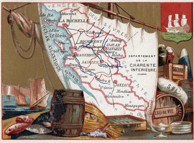 フランス、ポワトゥー・シャラント、ラ・シャラント・インフェリユール。ワイン、ブランデー、イワシ、塩、サフラン、干物、1920年頃 作： Unknown Artist