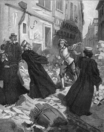 La Fronde (1648年8月27日) - パリのバリケード：議会議長マチュー・モレ（1584-1656）を脅すロートルボーイの姿。19世紀のエングレーヴィング。ジュール・ミシュレ著「フランス史」より 作： Unknown artist