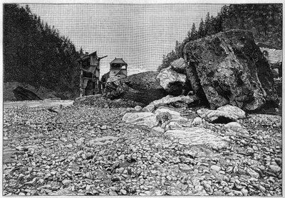 La catastrophe de Saint-Gervais (Saint Gervais) ou catastrophe du glacier de la Tete Rousse (de department of Haute-Savoie) (12-13 July 1892) - Bains de Saint-Gervais after the disaster with the huge block transport by the torrent, Engraving in "La Natur". 作： Unknown artist