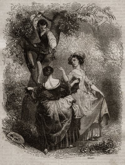 La cueillette des cherries - Jean-Jacques (Jean Jacques) Rousseau (1712-1778)の「告白の挿絵」-1849年の彫刻版 作： Unknown artist