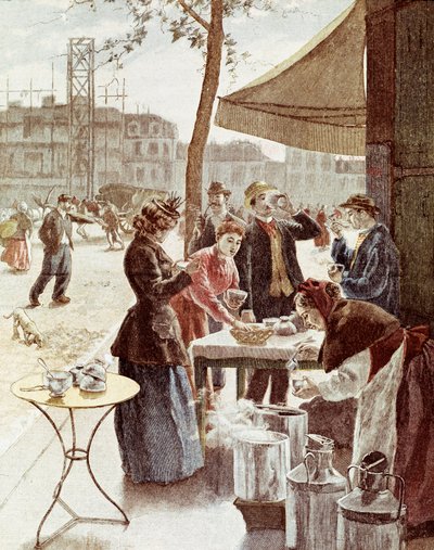 日曜日の朝6時のLa laitiere。カラー・エングレーヴィング 1895年7月14日パリ、カルナヴァレ美術館 作： Unknown artist