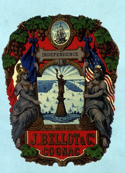 ラベル「Independence - J. Bellot & C¡.コニャック」（自由の女神）。クロモリトグラフィー、n.d. 作： Unknown artist