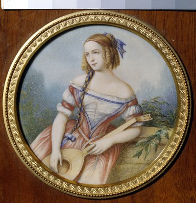 ヴィクトル・ユーゴー (1802-1885) の「ノートルダム・ド・パリ」のエスメラルダ役のロシア人女優ヴァルバラ・アセンコヴァ (1817-1841)。 （エスメラルダとしてのロシアの女優Varvara Asenkova）。 匿名の作品、紙に水彩 作： Unknown artist