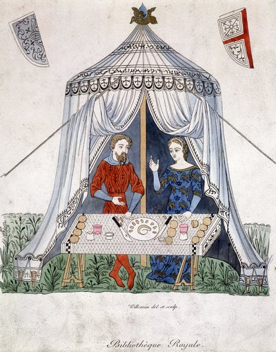 天幕の下で食事をするランスロットとギニーヴル（『Lancelot du lac』より抜粋、1370年の文書より）。 作： Unknown artist