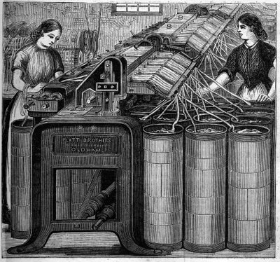 イギリスの大規模産業。1863年、ウォルター・エヴァンスがイギリスで綿紡績を開始。綿の浮揚。 作： Unknown artist