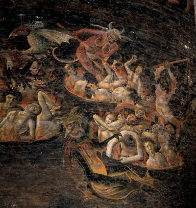 最後の審判：悪魔のような生き物に苦しめられる冥界への犠牲者たち。1474-1484年のフレスコ画の詳細。アルビのサント・セシル大聖堂。 作： Unknown artist
