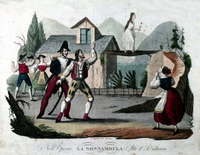 Vincenzo Bellini作「La somnambule (La sonnanbula)」第2幕のラストシーン。1835年に描かれた版画。 作： Unknown artist