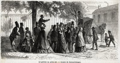 L.Simoninによる1862年の「ロンドンの貧しい地域への小旅行」を説明するためにDurand Bragerが描いた、ロンドンでの「Le preche en plein air」。エドゥアール・シャルトン編『世界一周』に掲載された版画 作： Unknown artist