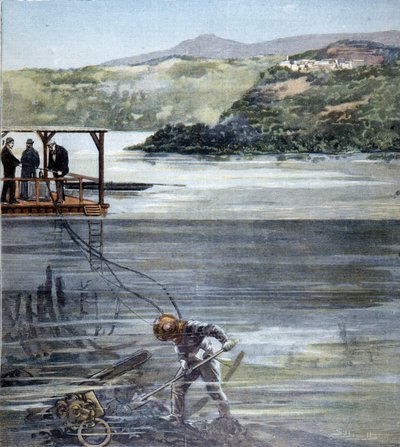 1893年、シーベ社製の潜水服を使用してネミ湖でローマ時代の船を調査するダイバー、パオロ・パルディ。 作： Unknown artist