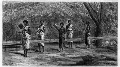 インドの織物：鎖の糸の準備（織布の操作） 1883年のエングレービング。科学とその芸術・産業への応用についてのレビュー。 作： Unknown artist
