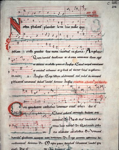 サンティアゴ・デ・コンポステーラ（Santiago de Compostella）の巡礼の歌詞が書かれた巡礼ガイドのリーフレット Fol.214 r. 13世紀の写本から。スペイン、サンティアゴ・デ・コンポステーラ（Santiago de Compostela）の大聖堂のアーカイブ 作： Unknown artist