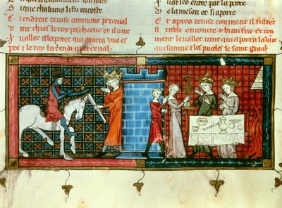 左：ペシェオール王から剣を受け取るパーセバル。右聖杯の行列。"Tale du Grail "のミニチュア 作： Unknown artist